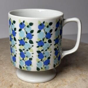 Vintage Pedestal Coffee Mug Cup Blue and Green‎ Floral Ceramic Retro Kitsch
